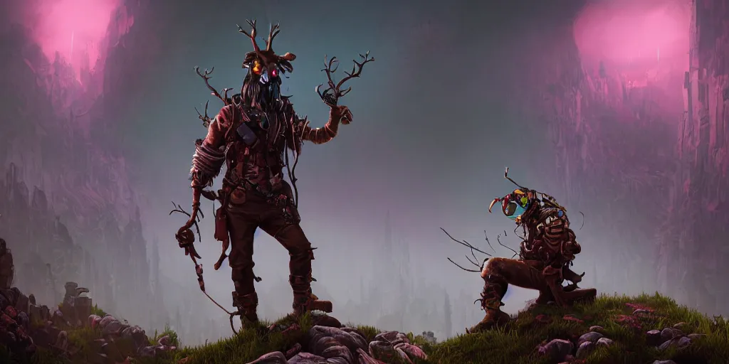 Image similar to woodsman wearing a steampunk and neonpunk mechanical fluorescent mystical animal mask in strange misty mountain landscape. fight with night monsters, night, realism in style of fornite game, 4 k, octane render, artwork by tooth wu and wlop and beeple and greg rutkowski, ambient occlusion, award winning photograph, epic cinematic shot