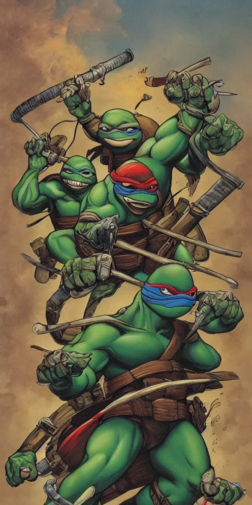 Image similar to Teenage mutant ninja turtle comic book cover illustration by brom