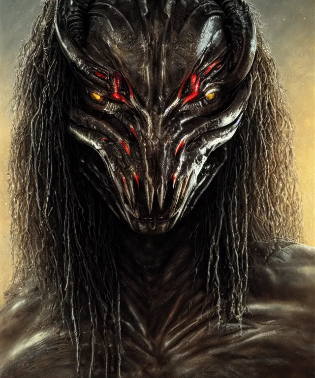 Prompt: a portrait of the predator by chris ayers, oil on canvas, deep depth field, masterpiece, by luis royo, trending on artstation, featured on pixiv, cinematic composition, hyper - detailed, hd, hdr, 4 k, 8 k