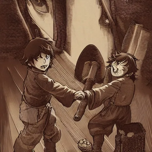 Prompt: precisely drawn illustration of anime two hobbit bandits pointing and yelling, old-fashioned tarot card, victorian playing card, sepia tone, wide angle, sharp, fine details, anime, manga, cyberpunk, intense line art, 8k, precise linework, realistic, shaded lighting by katsuhiro otomo ghost-in-the-shell, magali villeneuve, artgerm, rutkowski Jeremy Lipkin and Giuseppe Dangelico Pino and Michael Garmash and Rob Rey