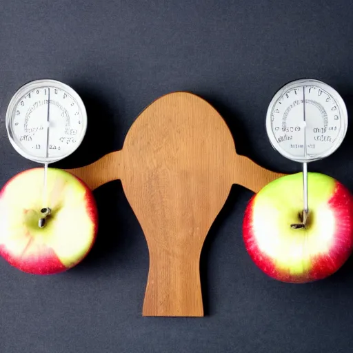 Prompt: set of balance scales with weights, one apple and one onion