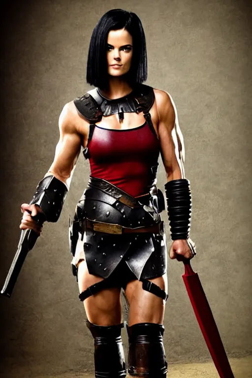 Image similar to realistic photograph. female warrior, 2 7 years old. jaimie alexander. her hair is short, straight, raven - black. fair - complected but tan. tall and gracile, except for her thick ripped vascular buff muscular arms and her ample bust. she wears sleeveless modest practical red & black leather armor with golden highlights that leaves only her muscular arms exposed.