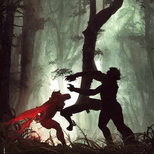 Prompt: a male werewolf fighting a young fit male vampire in a dark forest at night, by greg rutkowski and alphonse mucha, gradient brown to red, highly detailed, digital painting, artstation, concept art, smooth, sharp focus illustration
