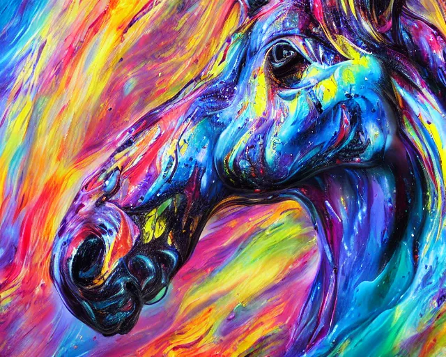 Image similar to still shot close up footage of the portrait of a horse head explodes and disintegrates into acrylic pour and splashing paint, motion blur, hyperrealistic, medical, intricate art photography, anatomically correct, realistic crisp textures, 1 6 k