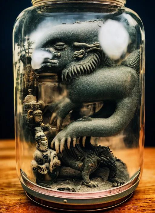 Image similar to enclosed ecosystem of ancient chinese myth lifeforms, animals, creatures, human, monster, delicious, vintage movie camera, in a jar, museum, frostbite 3 engine, portrait, 8 k post - processing, highly detailed