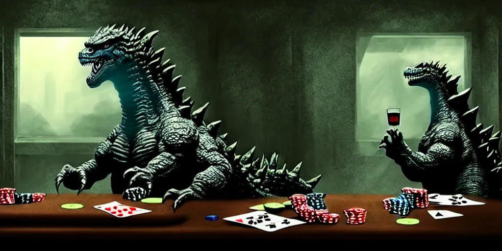 Prompt: godzilla playing poker and drinking in a cozy dungeon, cobwebs, grunge, dungeon, mossy, volumetric lighting, hyper real, pencil art, moody lighting, eldritch horror, comfy