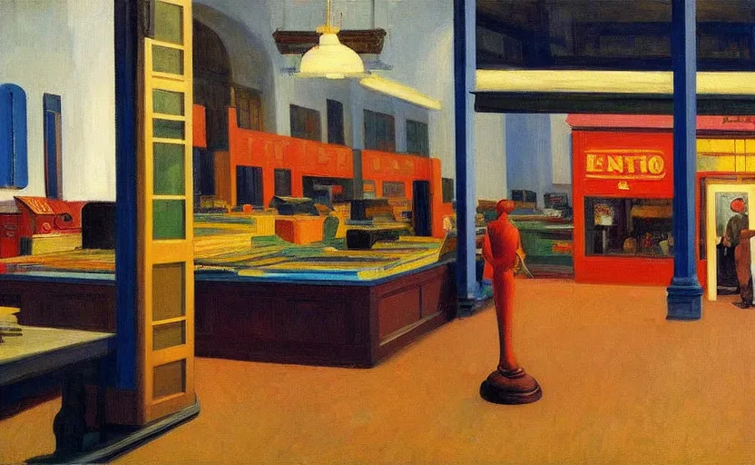 Prompt: the interior of a guitar store, painting by Edward Hopper, Wes Anderson