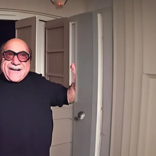 Image similar to doorbell camera footage of danny devito, night shot, 4 k