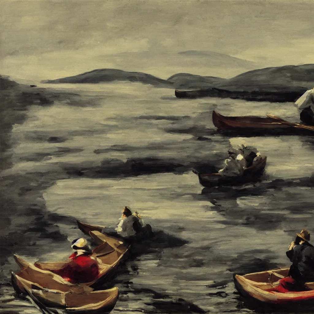 Prompt: one beautiful woman sitting in canoe on the hudson river, mountains in mist, oil painting, style of george bellows