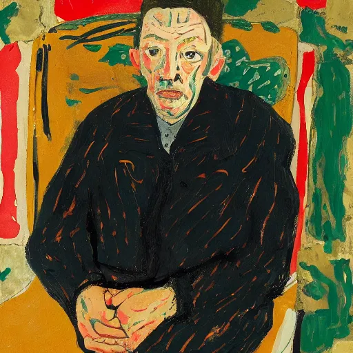 Image similar to painting of a man sitting on a chair, staring at you with an intense expression, by georg baselitz