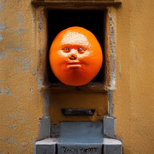 Image similar to closeup portrait of a Orange with a fac e , new york back street , by Steve McCurry and David Lazar, natural light, detailed face, CANON Eos C300, ƒ1.8, 35mm, 8K, medium-format print