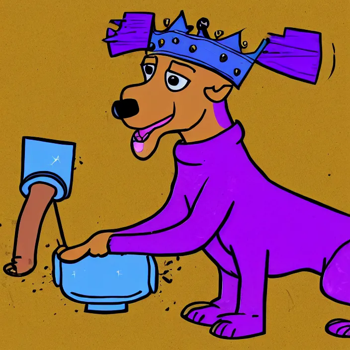 Prompt: a digital drawing of an anthropomorphic dog wearing a purple hoodie and a crown, smashing a golden trophy with a baseball bat. in the style of bojack horseman. lisa hanawalt