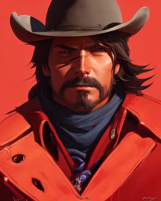 Image similar to mccree from overwatch, cinematic, stunning, highly detailed, digital painting, artstation, smooth, hard focus, illustration, art by artgerm and greg rutkowski and alphonse mucha