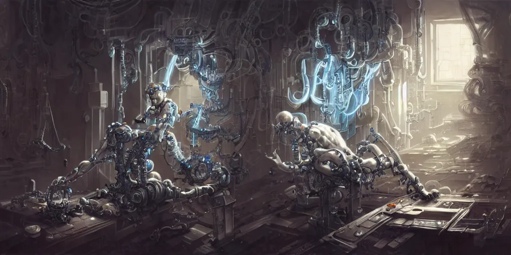 Prompt: hyperrealistic photography of a cyborg priest constructing a religious machine in the style of Jin Kagetsu, James Jean and wlop, highly detailed, masterpiece, award-winning, sharp focus, intricate concept art, ambient lighting, 8k, artstation