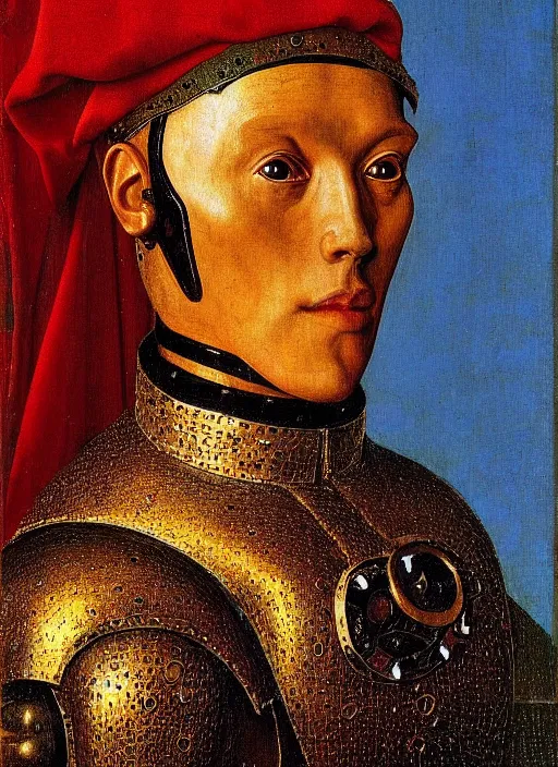 Image similar to a portrait of a warrior robot by Jan van Eyck