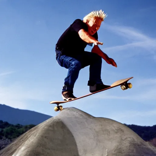 Image similar to gary busey doing a sweet skateboard trick off the lip of a volcano, movie still