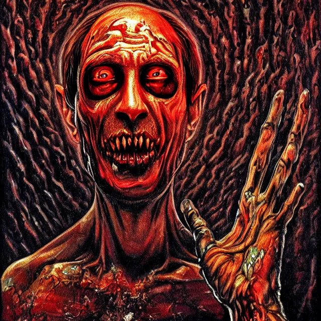 Prompt: corpse of dead putin, hell, prison, justice, hyper - realistic, sharp focus, depth of field, hyper - detailed visionary art, symmetric, hell, holy halo, dramatic ambient lighting, high detail, vibrant colors, the thing 1 9 8 2
