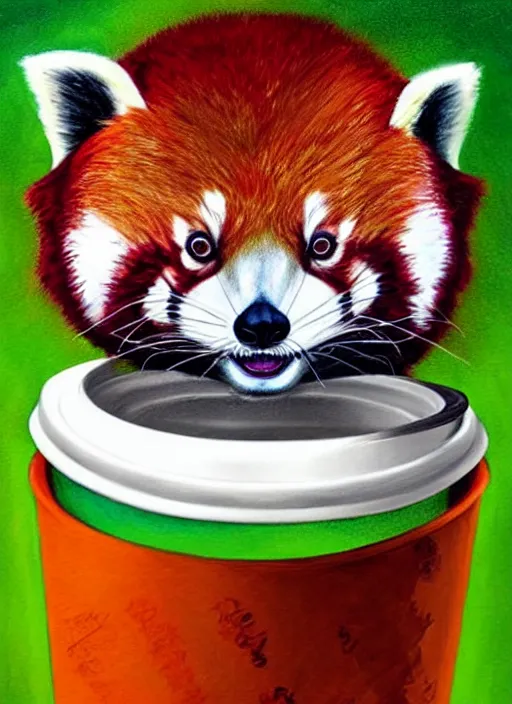 Prompt: red panda, paper cup, fantasy, surreal, highly detailed, digital painting, artstation, concept art, illustration, art by patrick james woodroffe!!!