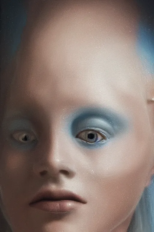 Image similar to hyperrealism oil painting, close - up portrait of albino medieval fashion model, knight, steel gradient mixed with nebula sky, in style of baroque