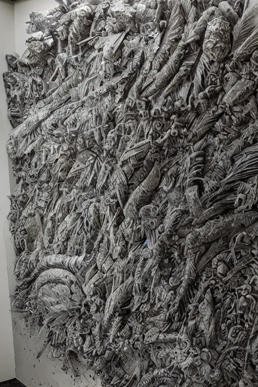 Prompt: hyperdetailed brutalist sculpted wall of feathers and fungus by berto lardera and illustrated by alan lee