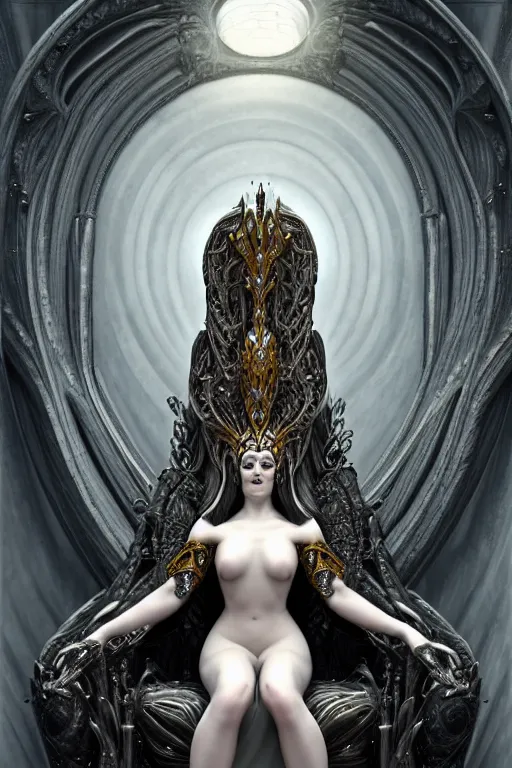 Image similar to Full Body View, Beautiful Face, The Fantasy Goddess Eris, on her Throne, by NIXEU, by HR Giger, by WLOP, by Attila Adorjany