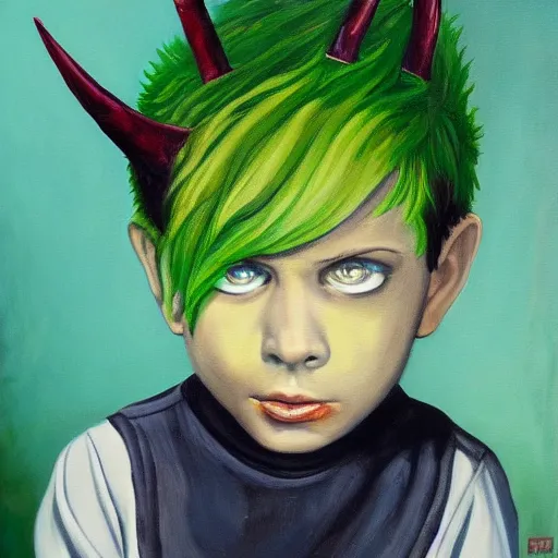 Image similar to a painting of a boy with green hair and devil horns and an eye patch