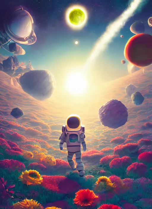 Image similar to An epic fantastic realism comic book style astroneer painting of the most beautiful flowers launched into space, bouquets, solar eclipse, fisheye, unreal 5, DAZ, hyperrealistic, octane render, dynamic lighting