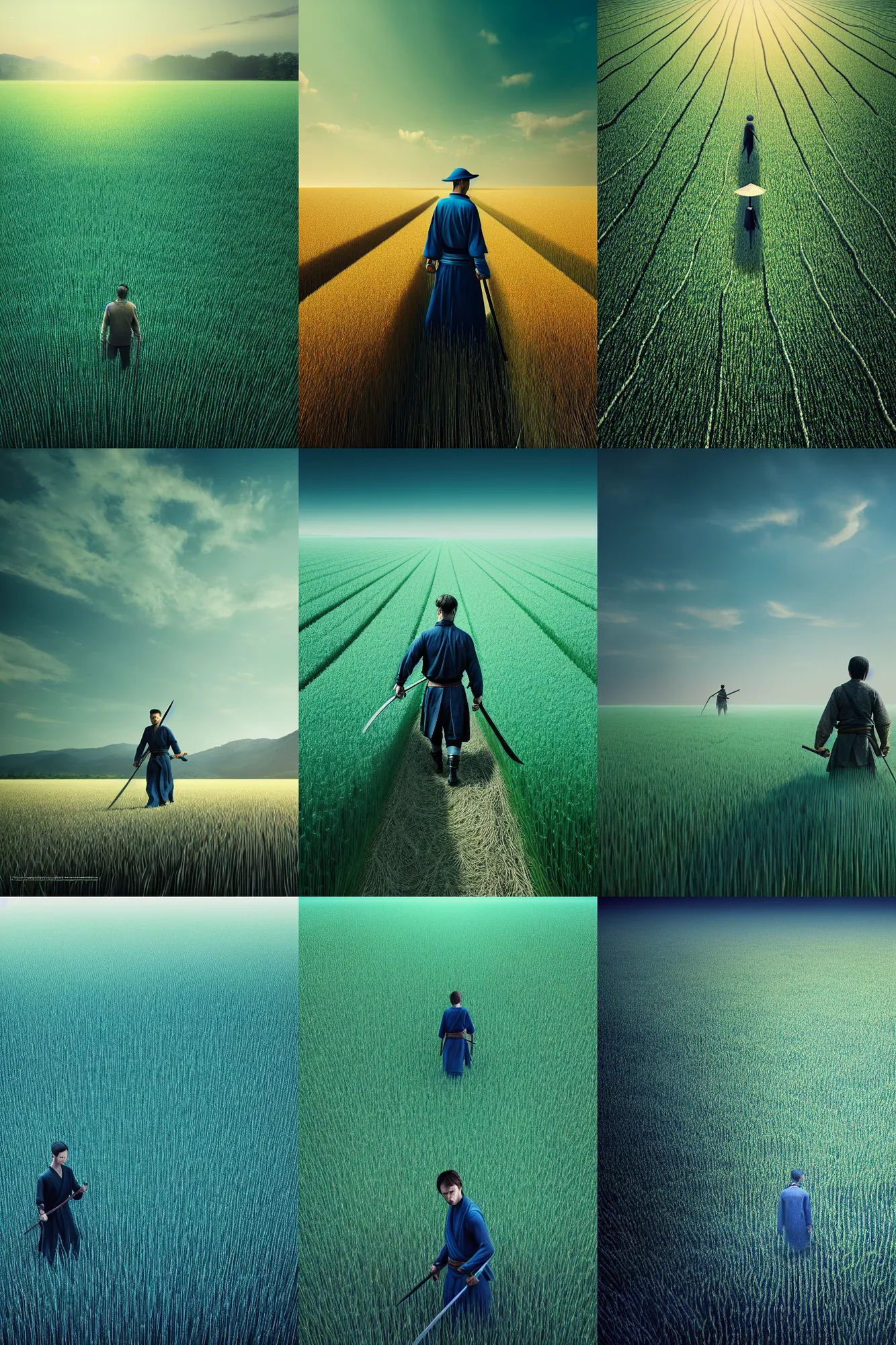 Prompt: illustration cinematic seven ronins holding katanas walking through field of rice, highly detailed digital art masterpiece, smooth vitaly bulgarov eric zener dramatic blue light, ground angle uhd 8 k, sharp focus