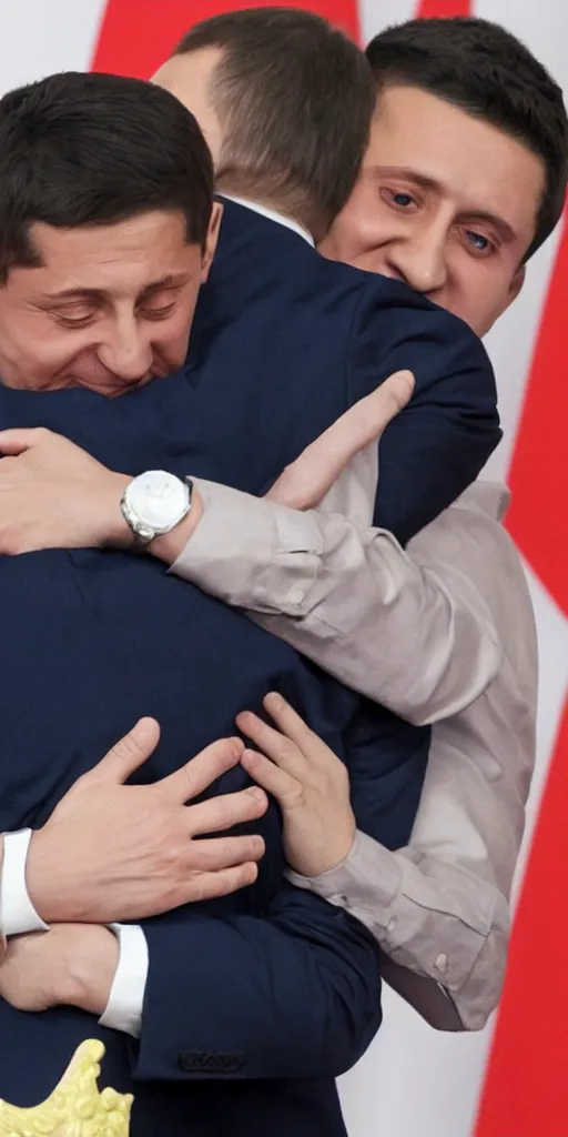 Prompt: Vladimir Putin gives Volodymyr Zelenskyy a warm and loving hug