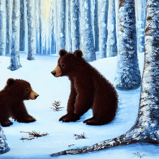 Prompt: cute fluffy baby bear cub sitting in snowy winter forest landscape detailed painting 4k