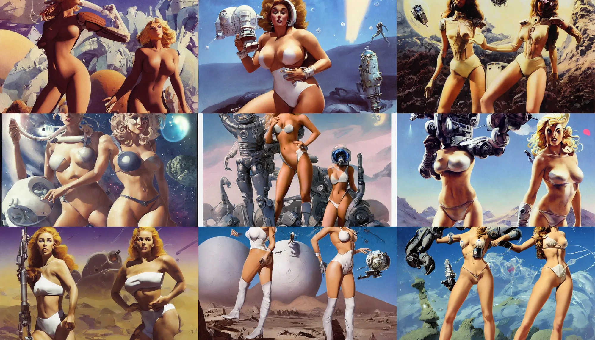 Image similar to A mixed media portrait painting of a beautiful blonde brunette woman exploring an alien planet, very curvy, aesthetic! high-waisted white-bikini-armor and boots, holding raygun, aesthetic symmetrical face and eyes, model, Scandinavian, wet, discarded mechsuit in background, by Frank Frazetta, Boris Vallejo, Beeple, Greg Rutkowski, Christian MacNevin, eighties-pinup style, epic fantasy character art, high fantasy, CGsociety, exquisite detail, post-processing, masterpiece, cinematic