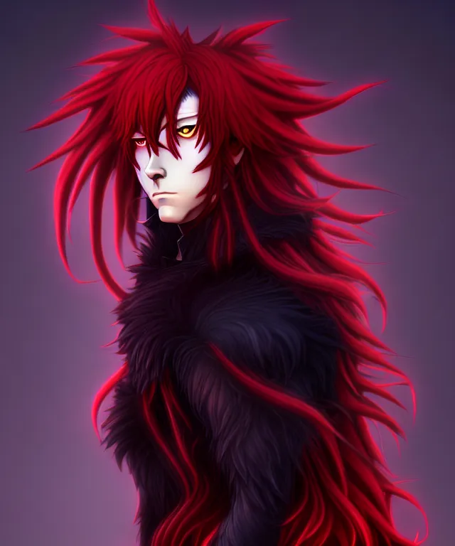 Image similar to award winning portrait of a male anthropomorphic anime black wolf long red hair. artstation, artistic lighting, highly detailed, photorealistic, fantasy