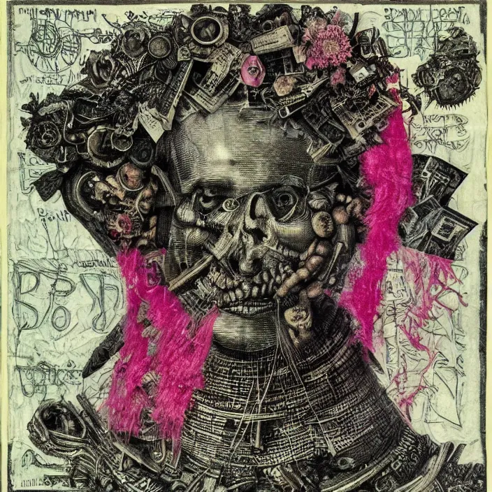 Image similar to post - punk album cover, asymmetrical design, dollar bank notes, capitalism, magic, apocalypse, psychedelic, black white pink, highly detailed, magic, giger h. r., giuseppe arcimboldo