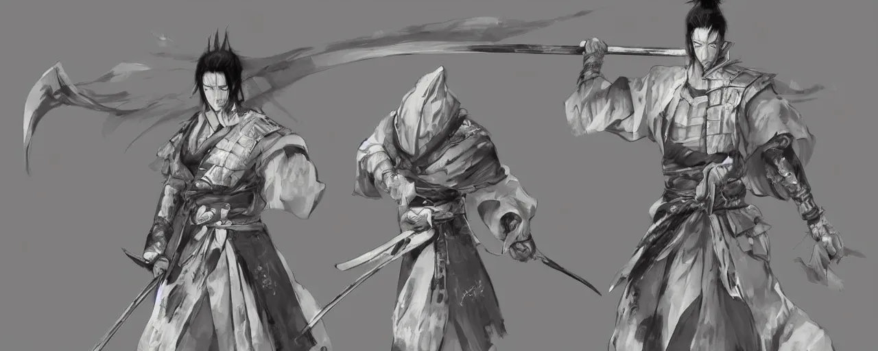 Image similar to a !beautiful White cloaked Samurai Warrior with Sword Drawn by Mitsuru Adachi :: Concept Art, Digital Art