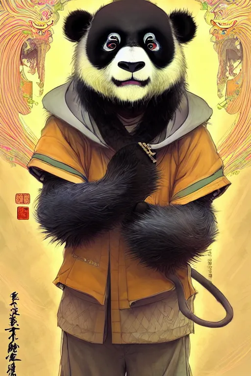 Image similar to a beautiful hyperdetailed character design of a cute panda with a chinese lion dance head victo ngai cyberpunk style, from china, style of studio ghibli, makoto shinkai, raphael lacoste, louis comfort tiffany, artgerm, james jean, ross tran, chinese style