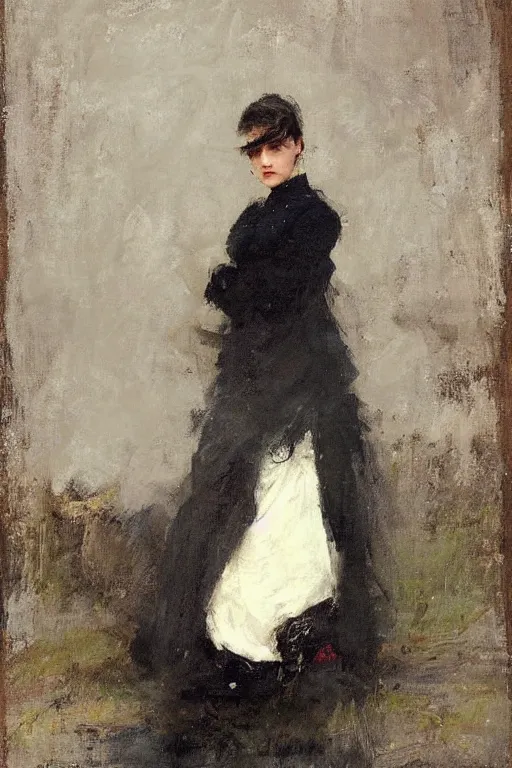 Image similar to Richard Schmid and Jeremy Lipking full length portrait painting of a young beautiful victorian detective woman