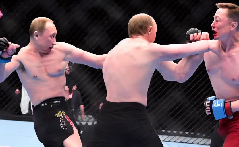 Image similar to Elon musk fighting Vladimir Putin in the MMA octagon, cinematic shot