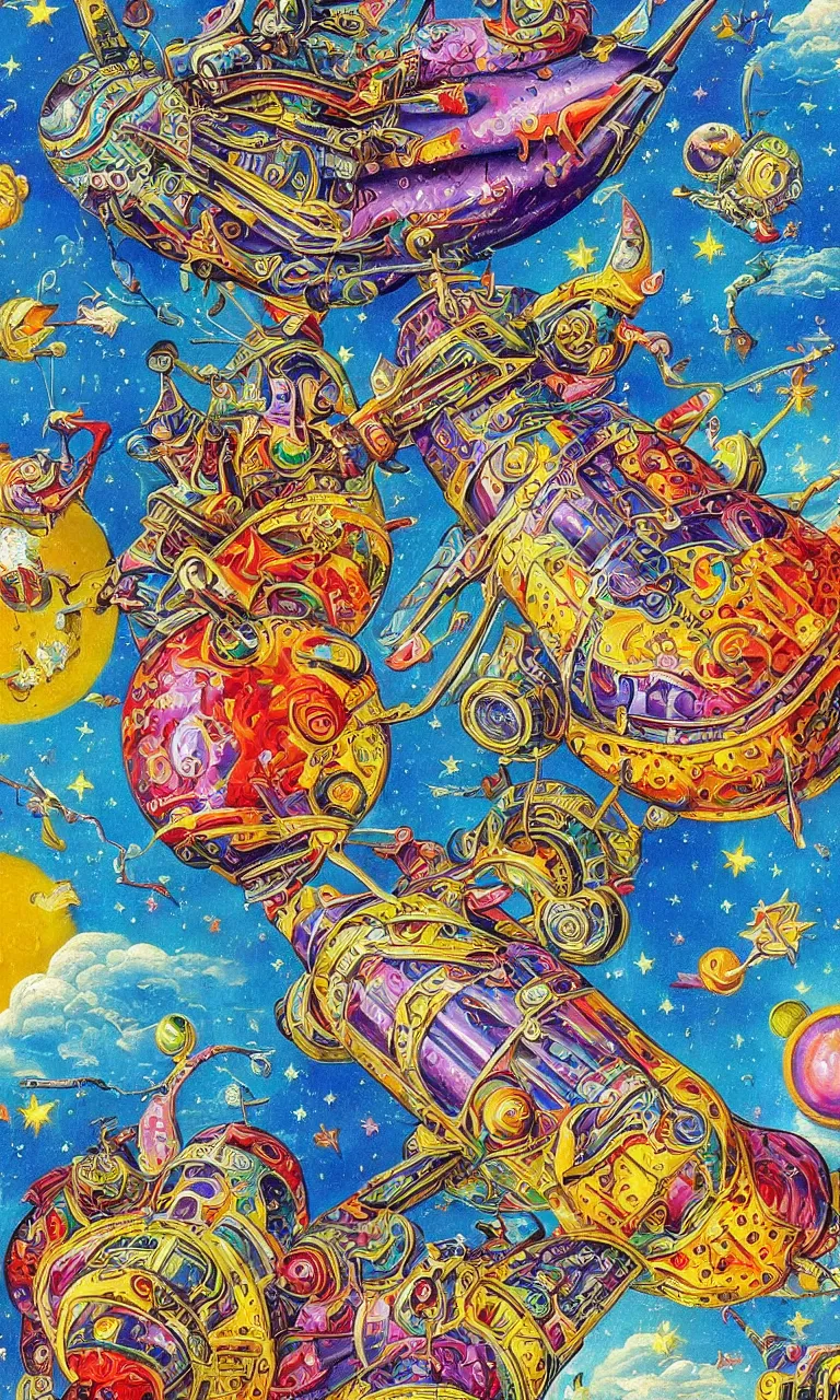 Prompt: an incredibly detailed masterpiece painting of a rocketship by bosch and lisa frank, ornate, beautiful, bold colors, detailed, high resolution, wow!, intricate