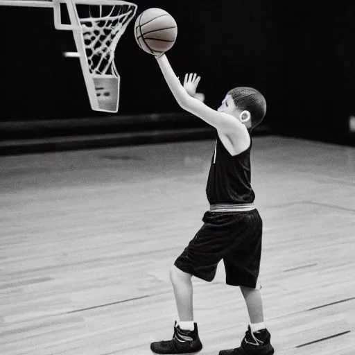 Prompt: a black and white photo of a kid shooting a basketball, mid shot, medium photography