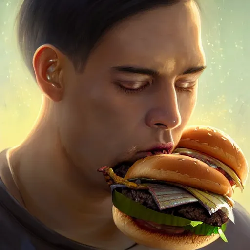 Prompt: portrait of a cyborg eating massive hamburgers, extra onions and ketchup, luscious patty with sesame seeds, feminine ethereal, holy sacred light rays, handsome, volumetric light, D&D, fantasy, intricate, elegant, highly detailed, digital painting, artstation, concept art, matte, sharp focus, illustration, art by Artgerm and Greg Rutkowski and Alphonse Mucha