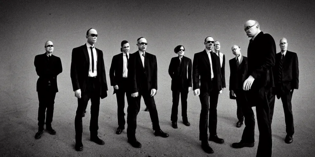 Image similar to Agent Smith, photo of a group, an album cover by David Gilmour Blythe, pinterest, bauhaus, tesseract, composition, national geographic photo, flemish baroque