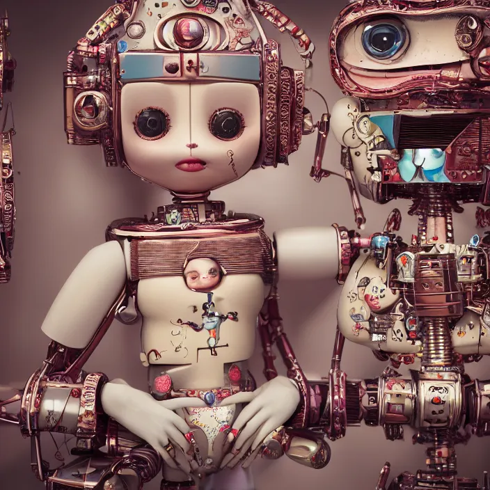 Image similar to closeup portrait of tin toy robot bikini girl trap, depth of field, zeiss lens, detailed, symmetrical, centered, fashion photoshoot, by nicoletta ceccoli, mark ryden, lostfish, breathtaking, 8 k resolution, extremely detailed, beautiful, establishing shot, artistic, hyperrealistic, octane render