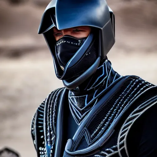 Prompt: medium face shot of adult Austin Butler dressed in black-prussian blue futuristic-tudoresque clothing with embroidered-Ram-emblem, and nanocarbon-vest, in an arena in Dune 2021, XF IQ4, f/1.4, ISO 200, 1/160s, 8K