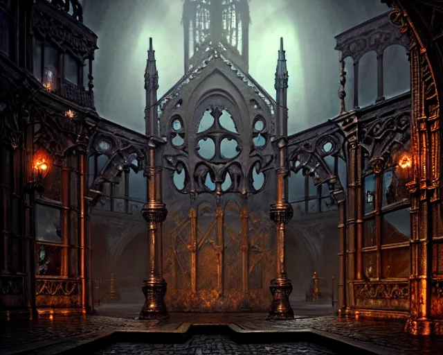 Image similar to steam necropolis, memento mori, gothic, neo - gothic, art nouveau, hyperdetailed copper patina medieval icon, stefan morrell, philippe druillet, ralph mcquarrie, concept art, steampunk, unreal engine, detailed intricate environment, octane render, moody atmospherics, volumetric lighting, ultrasharp, ominous, otherworldly