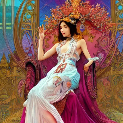 Image similar to A beautiful ice princess sitting on her throne, very colourful, highly detailed, artstation, intricate, smooth, sharp focus, bright, happy, illustration, art by Artgerm and Greg Rutkowski and Alphonse Mucha and Yuumei, good clear quality, lighting, biology, symmetrical artwork, perfect face, 135 mm, cinematic, hyper realism, glittering ice, dark, moonlight, high detail, octane render, 8k, crimson highlights