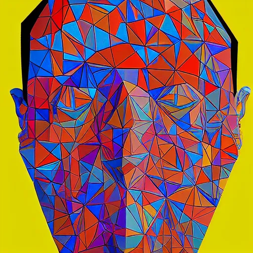 Prompt: a painting of a man's face made up of triangles, a pop art painting by Milton Glaser, featured on behance, crystal cubism, pop art, anaglyph effect, anaglyph filter