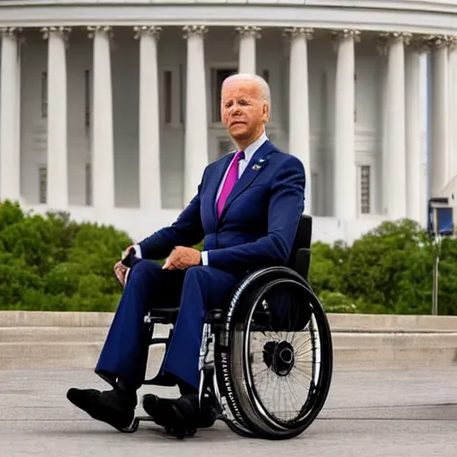 Prompt: still image of joe biden sitting in a wheelchair that has a rocket booster attached to the back, turbo boosted wheelchair, 8 k photo