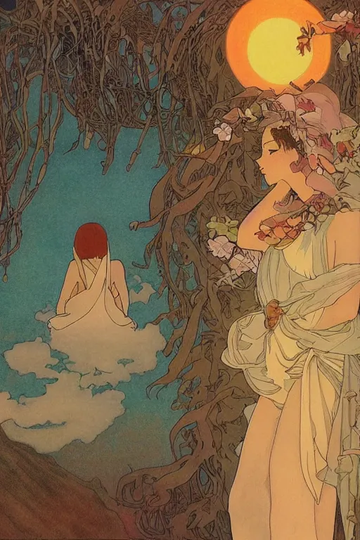 Image similar to A mystic woman peers over the horizon to find the sun setting over another planet and a fine mist of mana obscuring her vision by studio ghibli and mucha