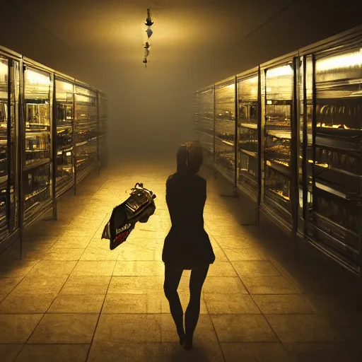 Image similar to woman holding a flashlight running through the interior of a furniture store, rows of refrigerators and stoves, cinematic lighting, night, terrifying, scp 3008, landscape, fog, artstation