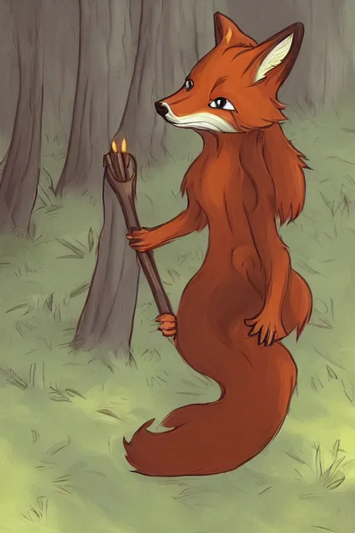 Image similar to a pretty medieval anthropomorphic fox with a fluffy tail in the forest, comic art, trending on furaffinity, cartoon, kawaii, backlighting, furry art!!!, warm shading, concept art, sunset